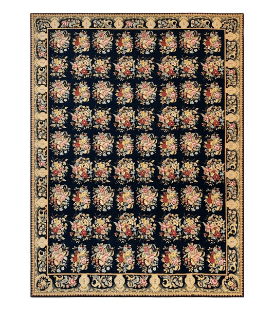 Palace Size Needlepoint Rug 12x16, Black and Colorful, Floral Panel, Handmade Oversized Wool Needlepoint Carpet, Rare