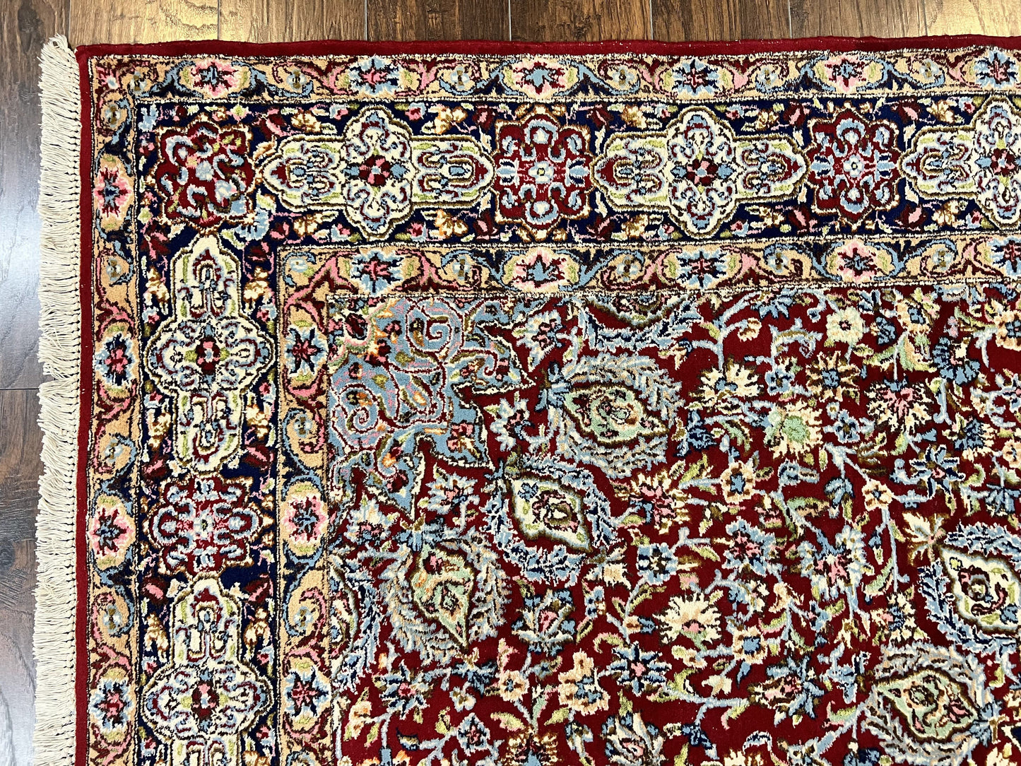 Persian Rug 7x10, Kirman Oriental Carpet 7 x 10 ft, Hand Knotted Wool Floral Medallion Semi Antique Persian Rug, Dark Red Light Blue Vintage - Nuvé