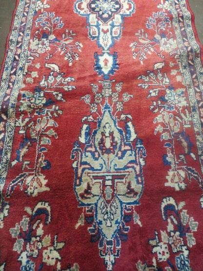 Persian Runner Rug 3 x 12, Antique Wool Oriental Runner, Floral Vases, Red & Navy Blue - Nuvé