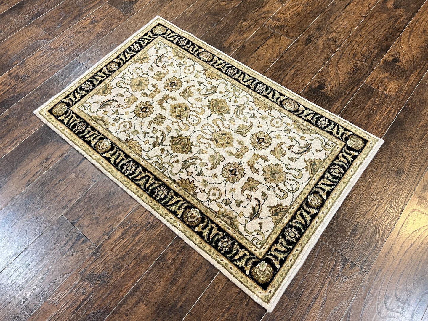 Small Indo Mahal Rug 2.5 x 4, Wool Indian Oriental Carpet, Hand Knotted Handmade Vintage Traditional Rug, Beige Tan Black - Nuvé