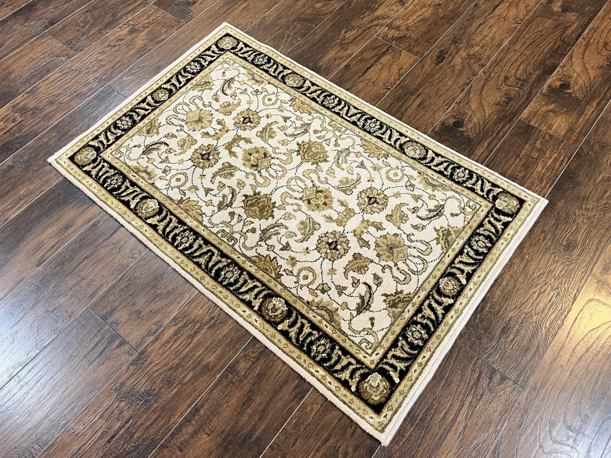 Small Indo Mahal Rug 2.5 x 4, Wool Indian Oriental Carpet, Hand Knotted Handmade Vintage Traditional Rug, Beige Tan Black - Nuvé