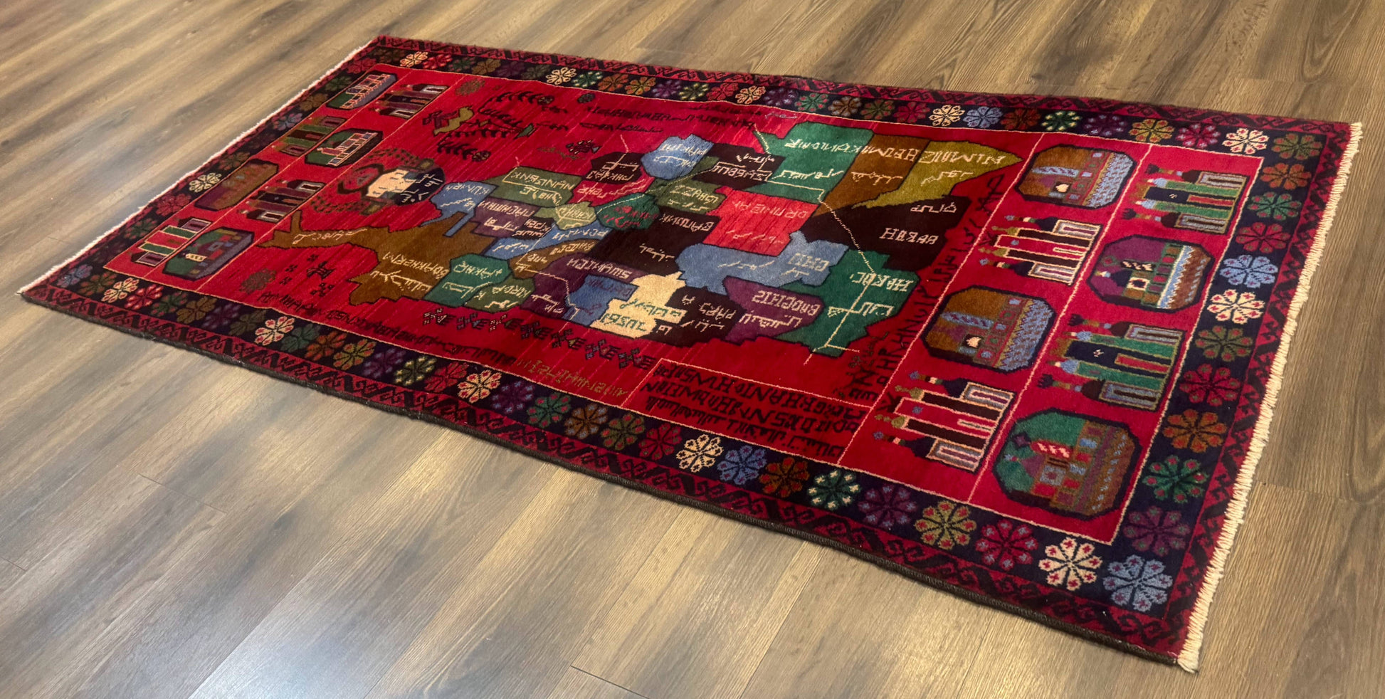 Afghan Rug 3x7, Map of Afghanistan, War Rug, Tribal Rug, Balouch Rug, New, Red - Nuvé