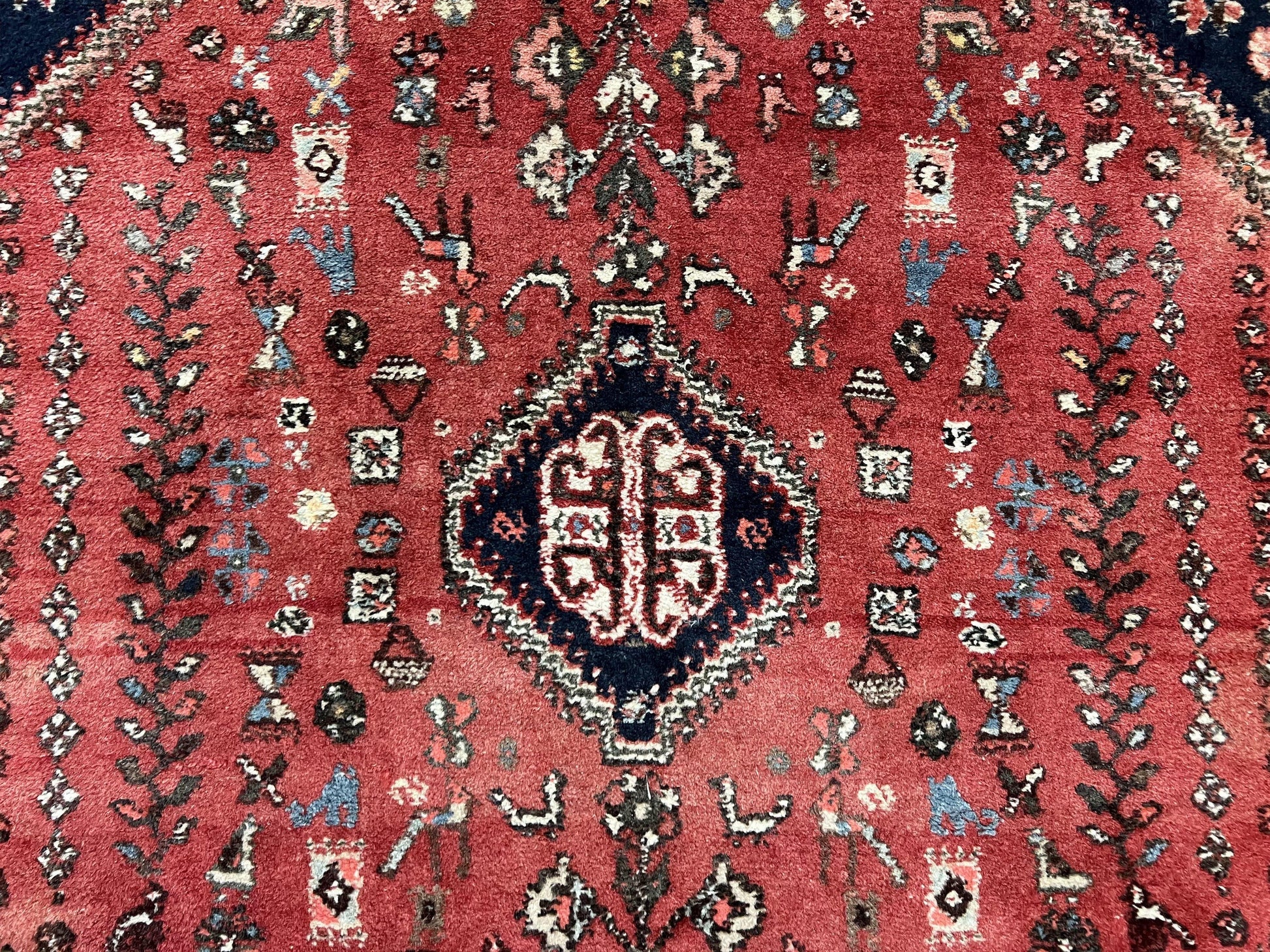Persian Tribal Rug 3.6 x 5 ft, Persian Abadeh Rug, Geometric Medallion Bird Motifs, Red and Navy Blue Hand Knotted Handmade Wool Vintage Oriental Carpet - Nuvé