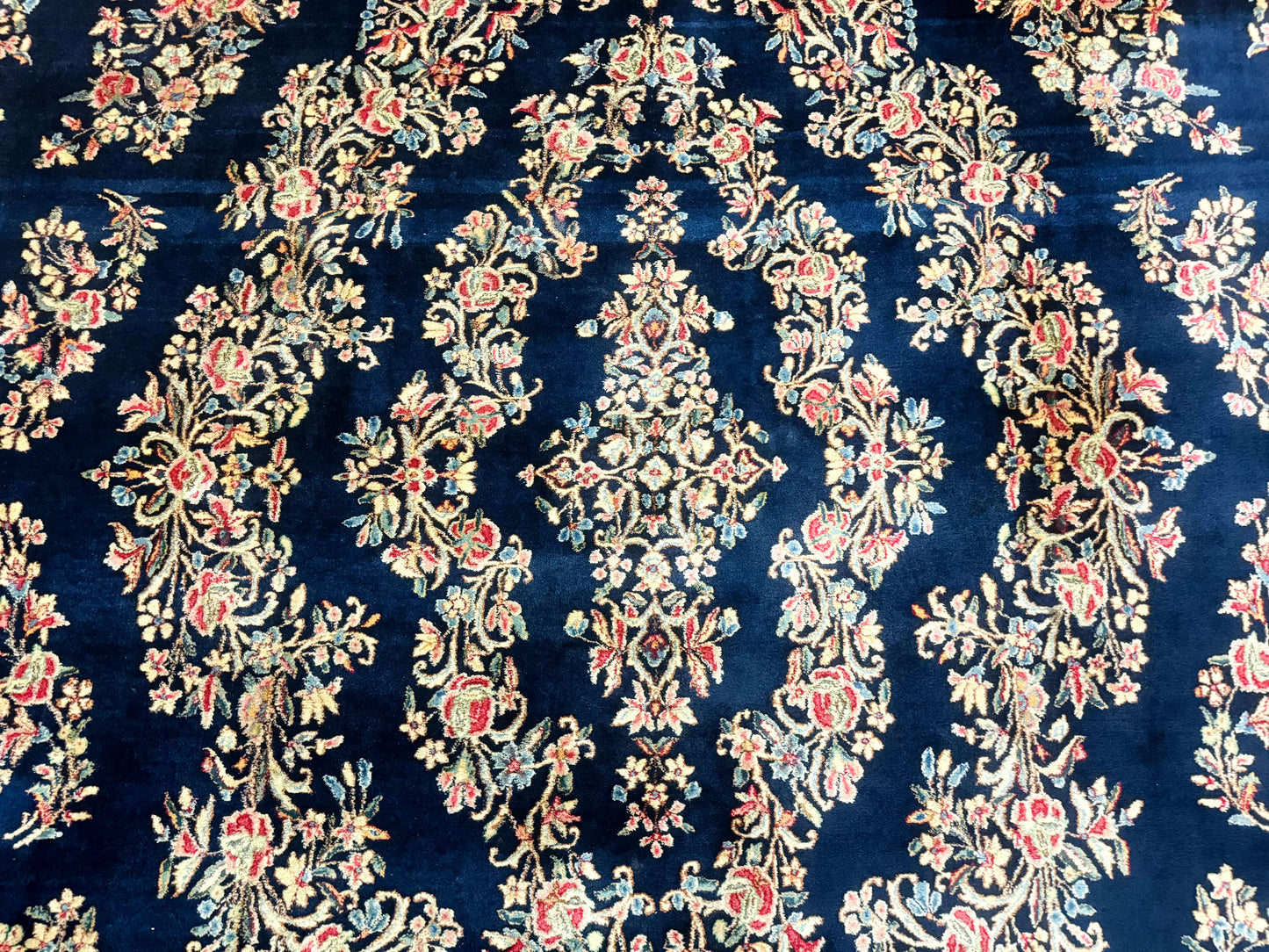 Antique Persian Kerman Rug 10x13, Navy Blue Floral Carpet, Fine 270 KPSI - Nuvé
