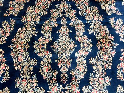 Antique Persian Kerman Rug 10x13, Navy Blue Floral Carpet, Fine 270 KPSI - Nuvé
