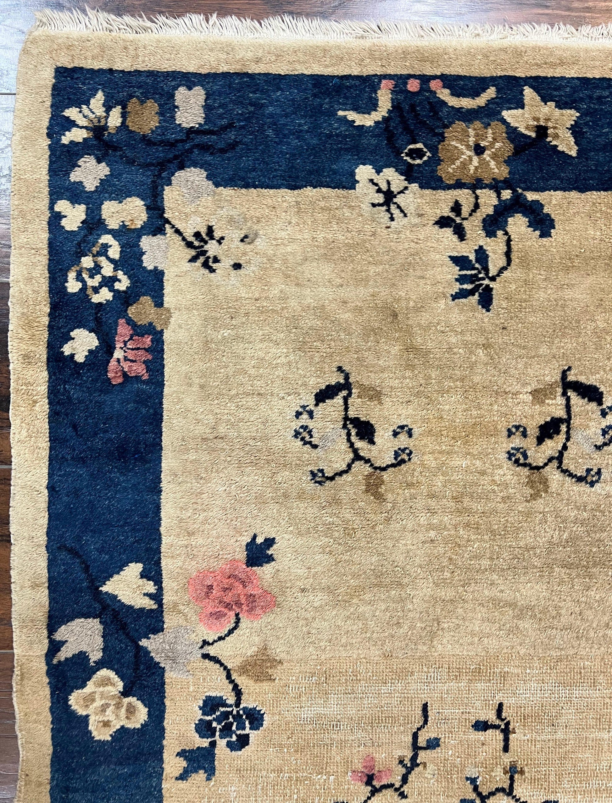 Antique Chinese Peking Rug 3x6, Beige and Dark Blue Hand Knotted Handmade Asian Oriental Carpet, Floral Vases, Vintage Wool Art Deco Rug - Nuvé
