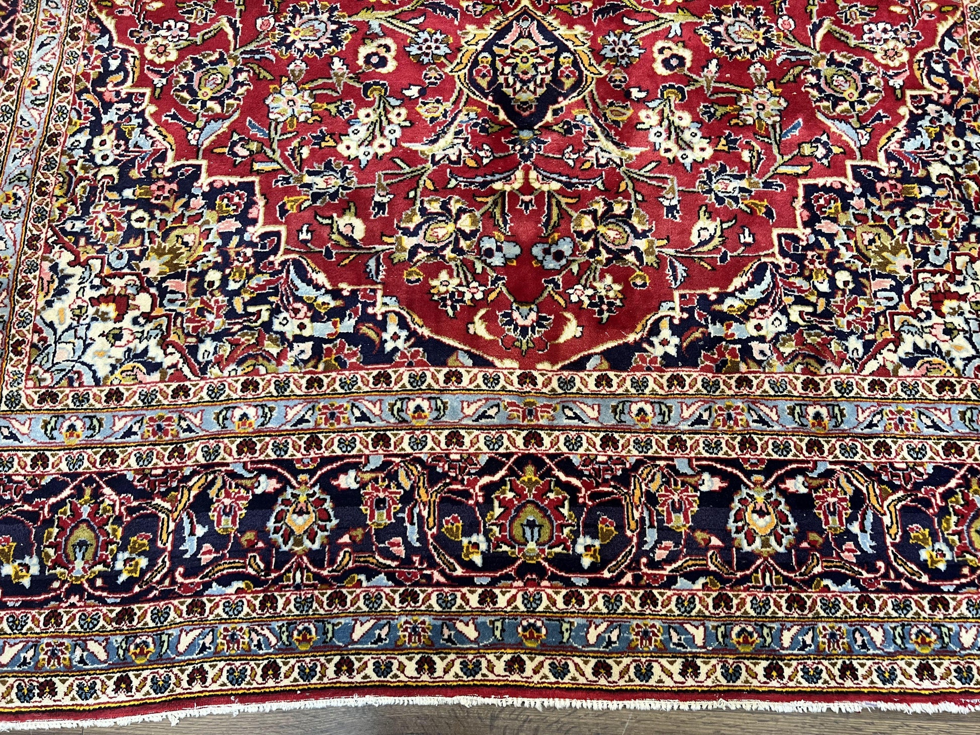 Persian Kashan Rug 9x12, Red Navy Blue, Allover Floral Medallion & Corner Design, Handmade Wool Oriental Carpet, Semi Antique Traditional Carpet - Nuvé