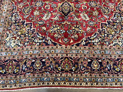 Persian Kashan Rug 9x12, Red Navy Blue, Allover Floral Medallion & Corner Design, Handmade Wool Oriental Carpet, Semi Antique Traditional Carpet - Nuvé