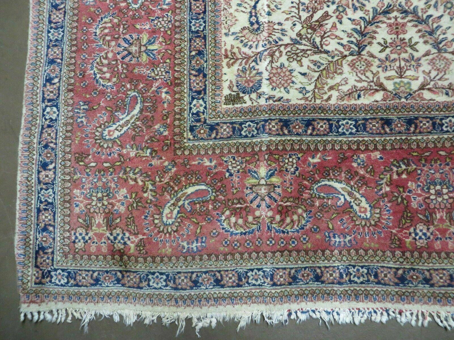 Persian Tabriz Rug 8x10, Antique Authentic Wool Oriental Carpet 8 x 10 ft, Bird Motifs Floral Boteh Paisleys, Cream Red Blue Vintage Handmade Rug - Nuvé