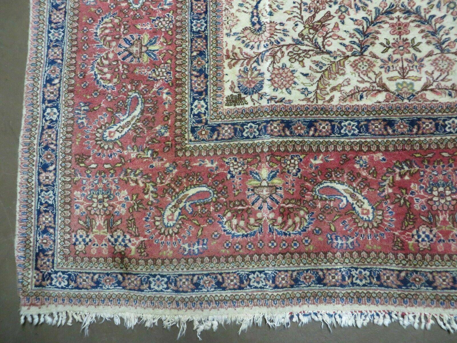 Persian Tabriz Rug 8x10, Antique Authentic Wool Oriental Carpet 8 x 10 ft, Bird Motifs Floral Boteh Paisleys, Cream Red Blue Vintage Handmade Rug - Nuvé