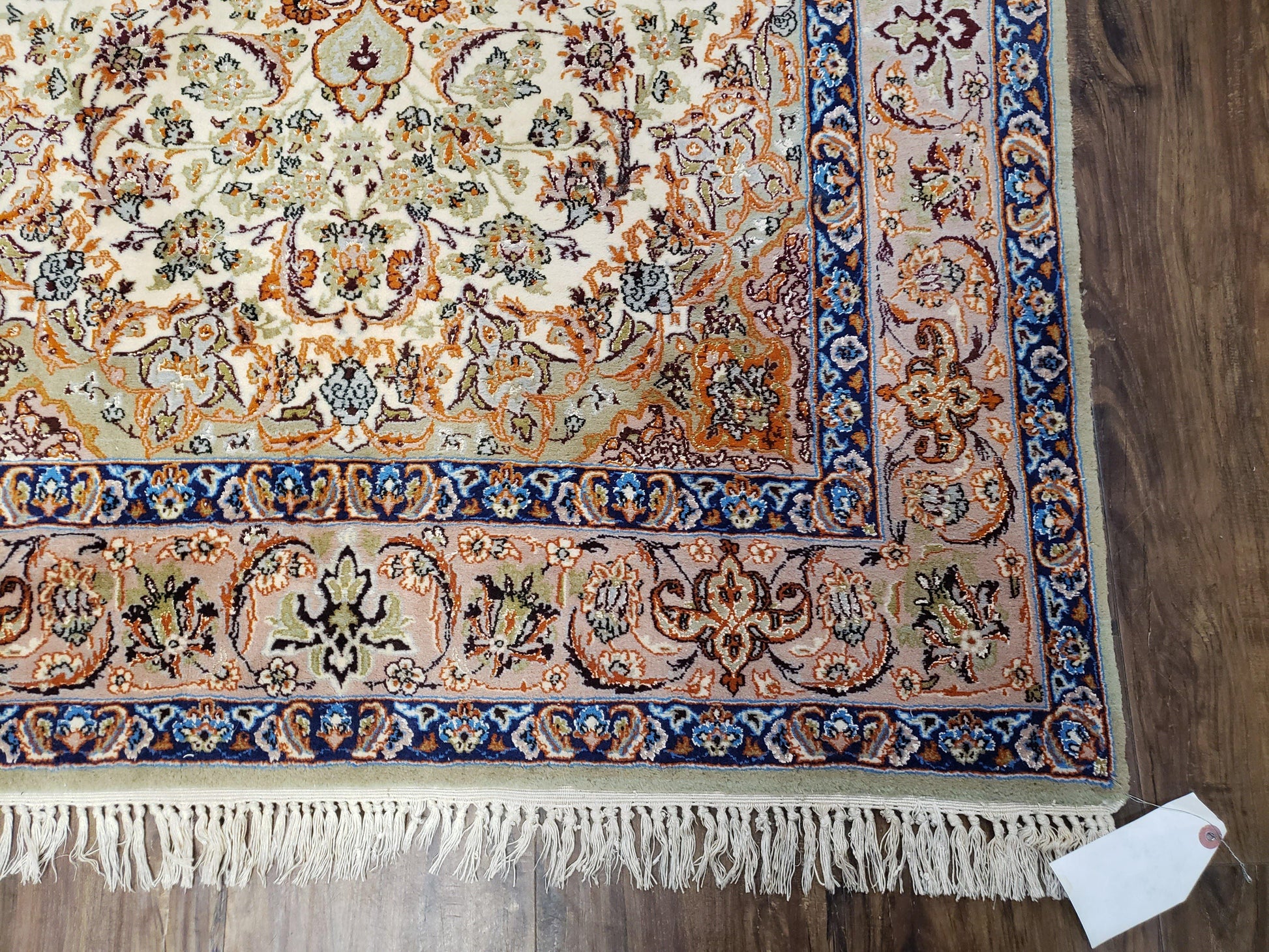 Vintage Persian Isfahan Lachak Toranj Rug, Highly Detailed, Kork Wool on Silk Foundation, Beige and Dark Blue, Hand-Knotted, 3'6" x 5' 4" - Nuvé