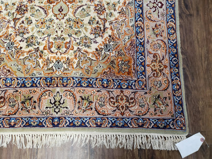 Vintage Persian Isfahan Lachak Toranj Rug, Highly Detailed, Kork Wool on Silk Foundation, Beige and Dark Blue, Hand-Knotted, 3'6" x 5' 4" - Nuvé