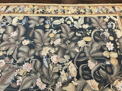 Large Needlepoint Rug 9x13, Handmade Wool Flatweave Vintage Rug, Leaves, Green - Nuvé
