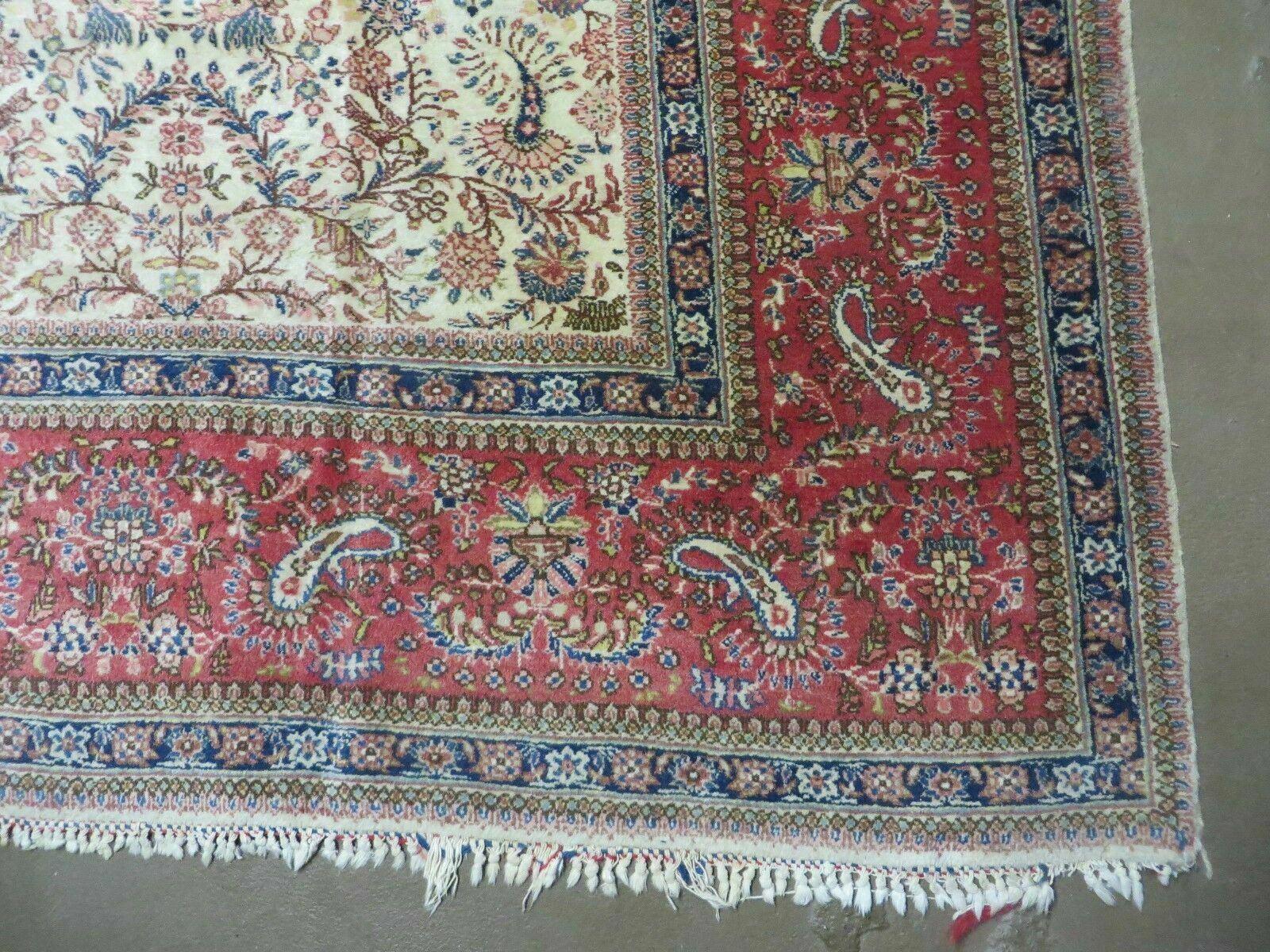 Persian Tabriz Rug 8x10, Antique Authentic Wool Oriental Carpet 8 x 10 ft, Bird Motifs Floral Boteh Paisleys, Cream Red Blue Vintage Handmade Rug - Nuvé