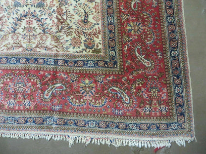 Persian Tabriz Rug 8x10, Antique Authentic Wool Oriental Carpet 8 x 10 ft, Bird Motifs Floral Boteh Paisleys, Cream Red Blue Vintage Handmade Rug - Nuvé