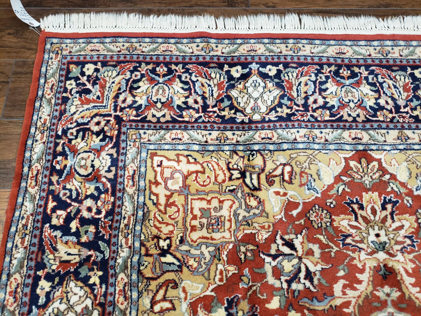 Vintage Indo Persian Oriental Rug 6 x 9.6, Wool Hand-Knotted Red Dark Blue & Gold Indian Carpet, 6 x 9 Office Room Rug, Floral Medallion - Nuvé