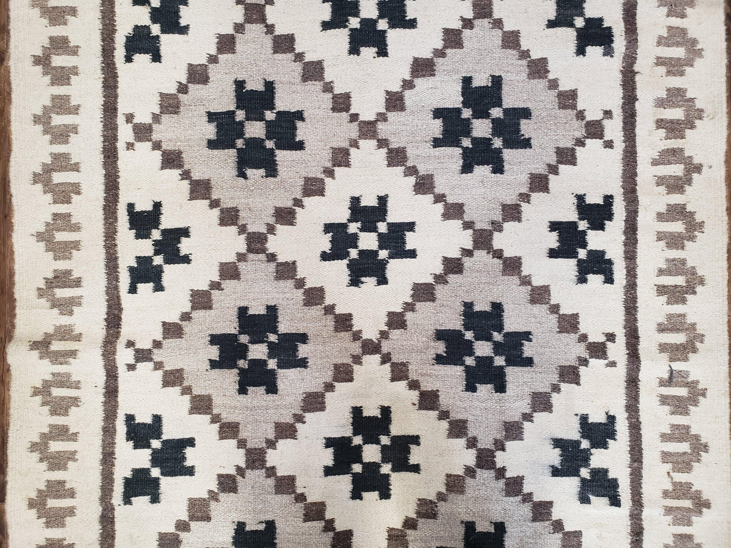 Semi Antique South American Blanket 4x8, Wool Hand-Woven Flatweave Kilim Rug, Handmade Antique Vintage Runner, Ivory & Blue, Diamond Panel - Nuvé