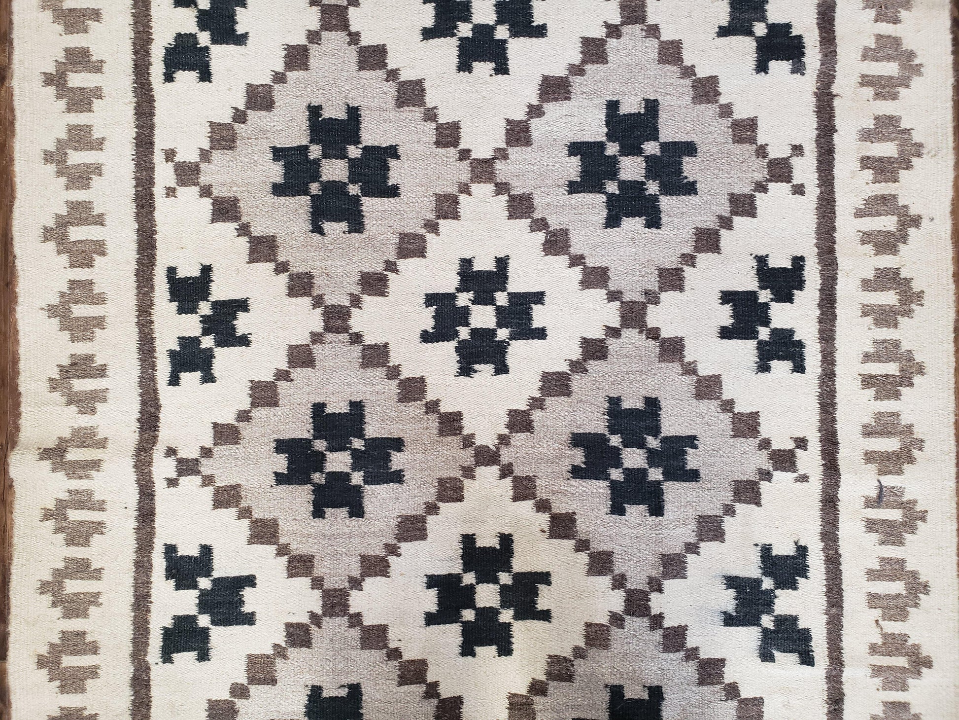 Semi Antique South American Blanket 4x8, Wool Hand-Woven Flatweave Kilim Rug, Handmade Antique Vintage Runner, Ivory & Blue, Diamond Panel - Nuvé