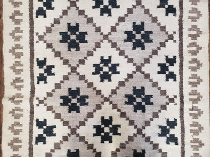 Semi Antique South American Blanket 4x8, Wool Hand-Woven Flatweave Kilim Rug, Handmade Antique Vintage Runner, Ivory & Blue, Diamond Panel - Nuvé