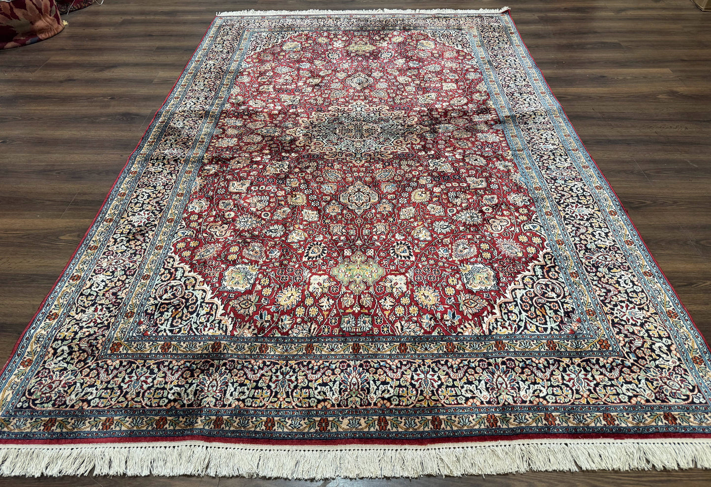 Indian Kashmiri Silk Rug 6x9, Red and Navy Blue, Floral Medallion, Fine 275 KPSI - Nuvé