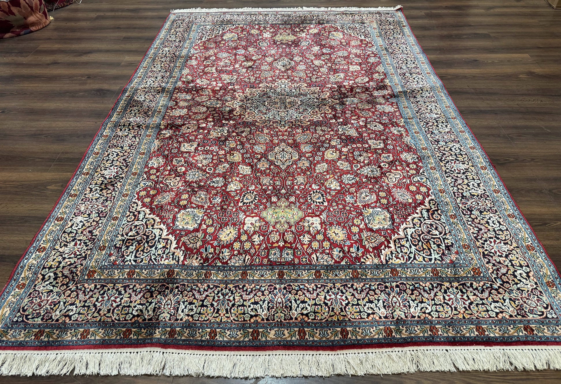Indian Kashmiri Silk Rug 6x9, Red and Navy Blue, Floral Medallion, Fine 275 KPSI - Nuvé