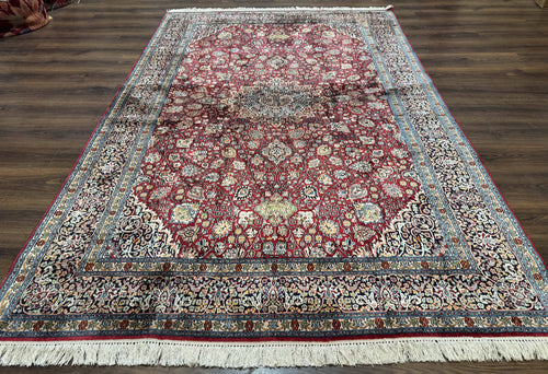 Indian Kashmiri Silk Rug 6x9, Red and Navy Blue, Floral Medallion, Fine 275 KPSI - Nuvé
