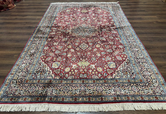 Indian Kashmiri Silk Rug 6x9, Red and Navy Blue, Floral Medallion, Fine 275 KPSI - Nuvé
