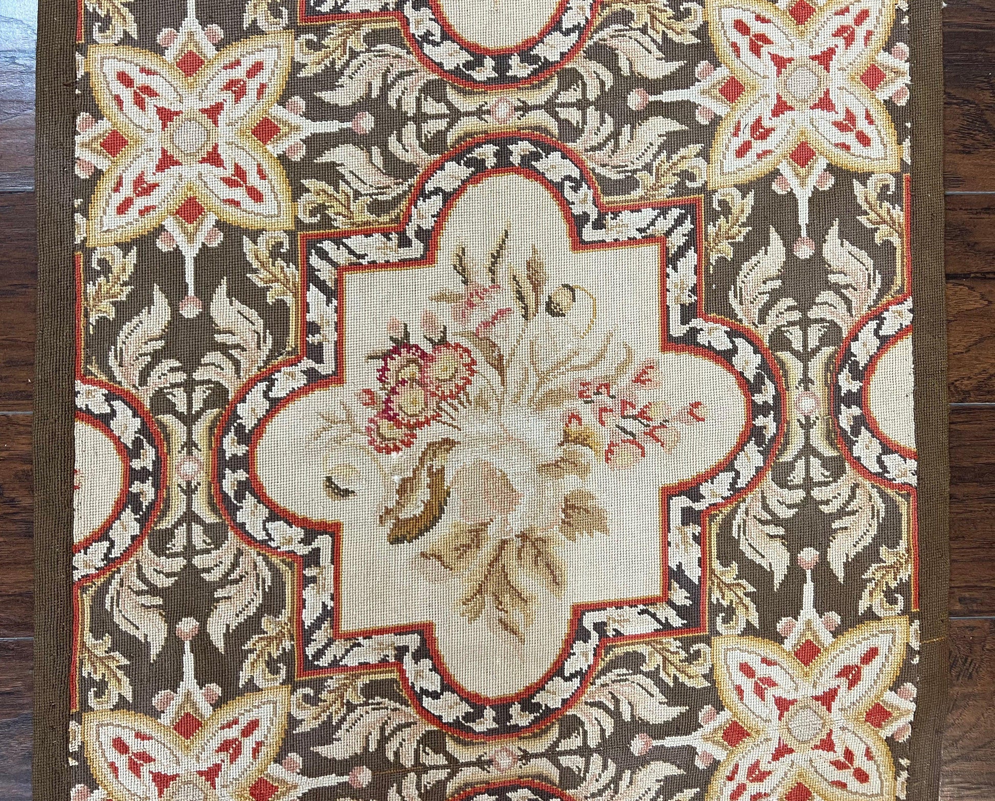 Needlepoint Runner Rug 2.8 x 9.8, Brown and Beige, Handwoven Handmade Floral French European Design, Vintage Flatweave 10ft Wool Runner Rug - Nuvé