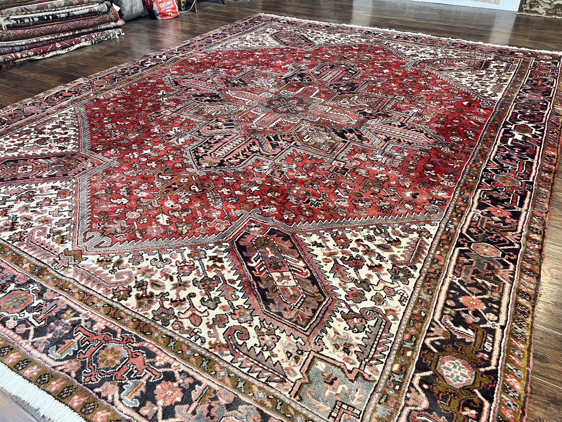 Large Persian Heriz Rug 10x13, Wool Hand Knotted Antique Carpet, Red and Ivory, Geometric Tribal Room Sized Rug, Decorative Oriental Rug - Nuvé