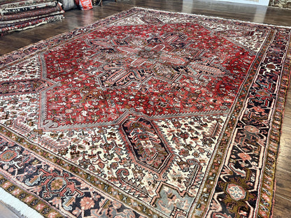 Large Persian Heriz Rug 10x13, Wool Hand Knotted Antique Carpet, Red and Ivory, Geometric Tribal Room Sized Rug, Decorative Oriental Rug - Nuvé