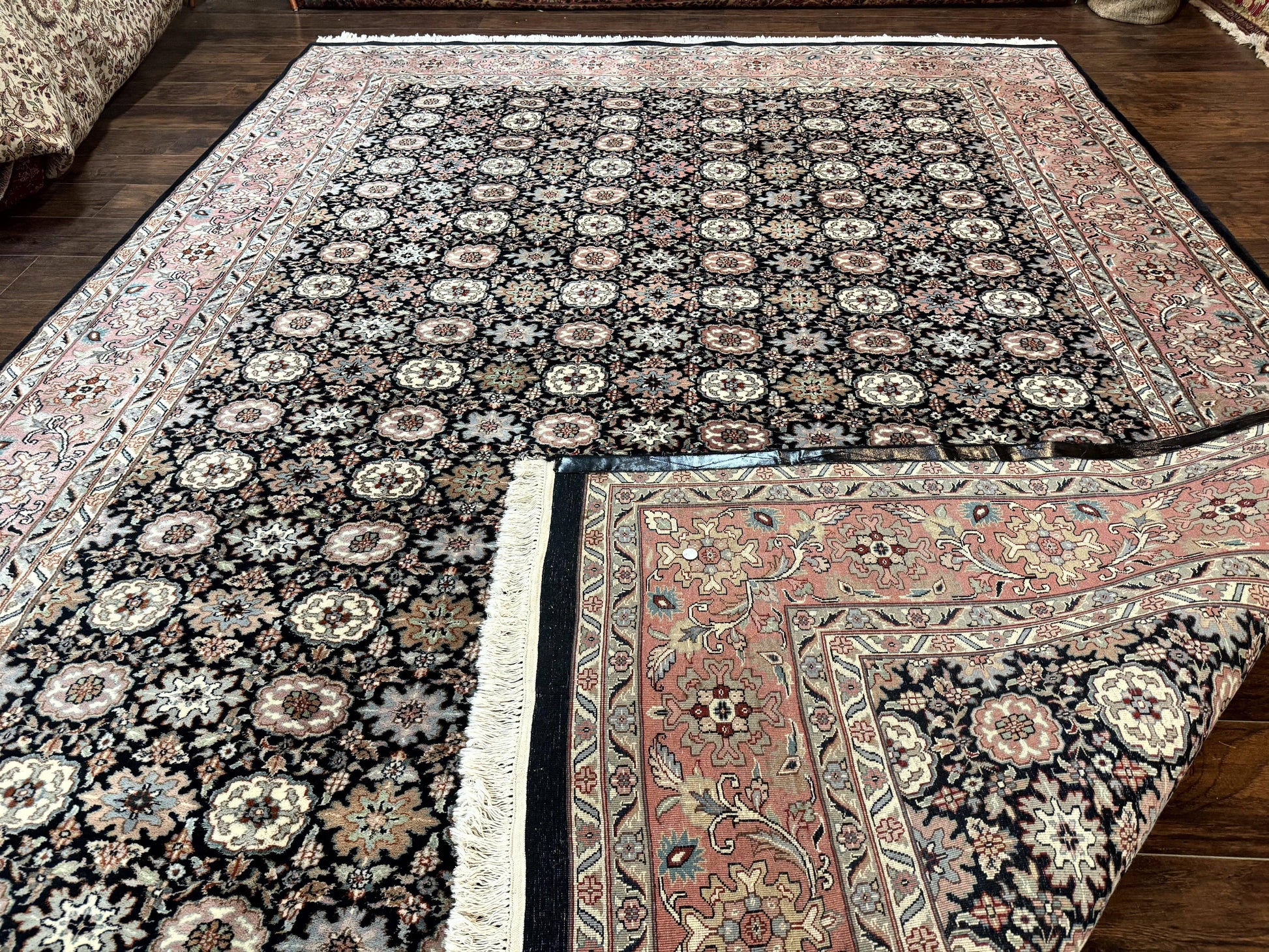 Indo Persian Rug 9x12, Vintage Handmade Wool Carpet, Repeated Allover Motif, Navy Blue and Pink - Nuvé