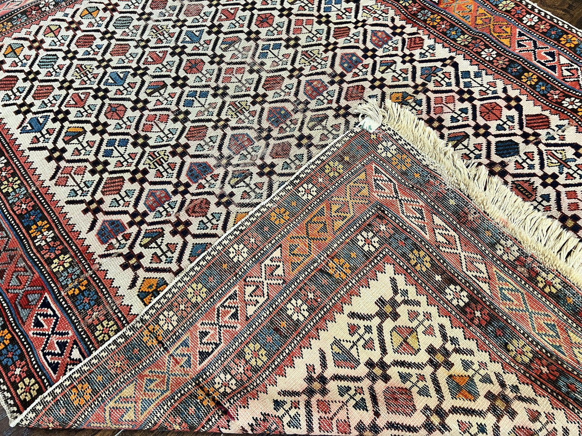 Antique Caucasian Rug 4x5, Hand Knotted Handmade Shirvan Oriental Carpet, Ivory Red Rug Allover Pattern, Rare Wool Rug, Tribal Geometric Rug