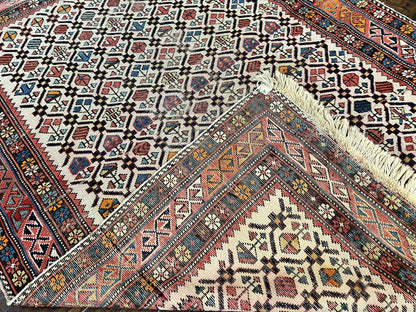 Antique Caucasian Rug 4x5, Hand Knotted Handmade Shirvan Oriental Carpet, Ivory Red Rug Allover Pattern, Rare Wool Rug, Tribal Geometric Rug