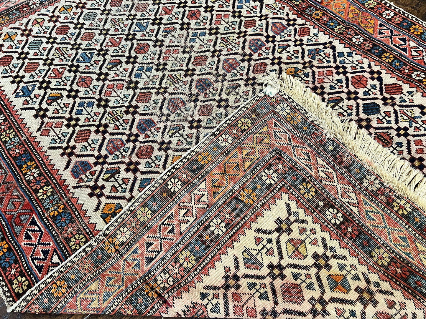 Antique Caucasian Rug 4x5, Hand Knotted Handmade Shirvan Oriental Carpet, Ivory Red Rug Allover Pattern, Rare Wool Rug, Tribal Geometric Rug - Nuvé
