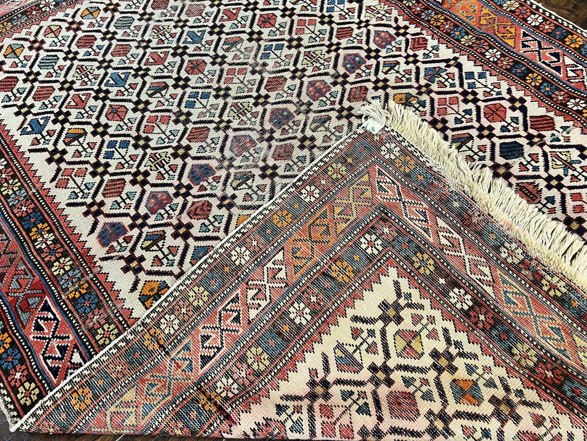 Antique Caucasian Rug 4x5, Hand Knotted Handmade Shirvan Oriental Carpet, Ivory Red Rug Allover Pattern, Rare Wool Rug, Tribal Geometric Rug - Nuvé