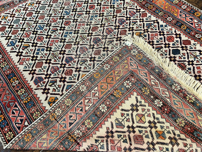 Antique Caucasian Rug 4x5, Hand Knotted Handmade Shirvan Oriental Carpet, Ivory Red Rug Allover Pattern, Rare Wool Rug, Tribal Geometric Rug - Nuvé