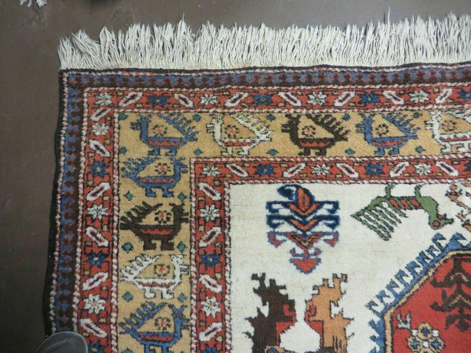 7' X 10' Vintage Handmade Knotted Turkish Wool Rug Birds Animal Ivory Organic - Nuvé