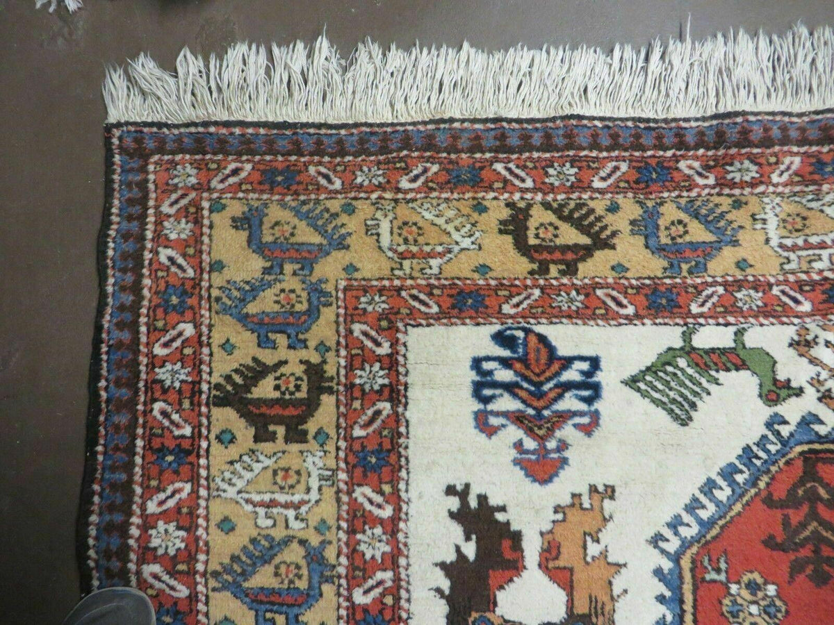 7' X 10' Vintage Handmade Knotted Turkish Wool Rug Birds Animal Ivory Organic