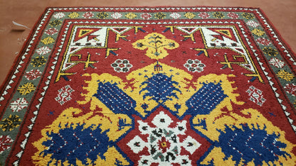 Colorful Moroccan Heriz Rug 6x9, Large Central Medallion, Red Yellow Blue - Nuvé