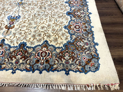 Persian Kashan Rug 9 x 12.6, Ivory and Blue, Floral Medallion, Wool Hand Knotted Semi Antique Carpet - Nuvé