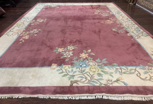 Indo Chinese Art Deco Rug 9x12, Pink and Ivory, Open Filed, Floral, Wool - Nuvé
