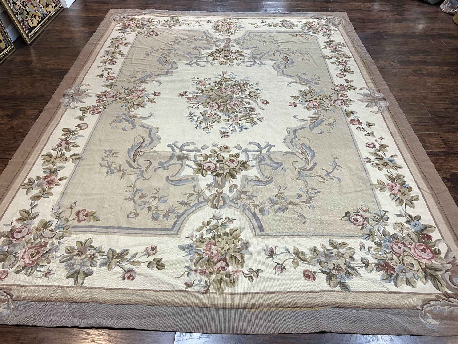 Aubusson Needlepoint Rug 9x12, VIntage Handmade Wool Beige Floral European Elegant Rug 9 x 12, Floral Roses - Nuvé