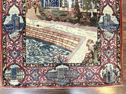 Persian Isfahan Pictorial Rug 3.6 x 5.7, Very Fine 400 KPSI, Historical Buildings, Signed By Masterweaver, Handmade - Nuvé