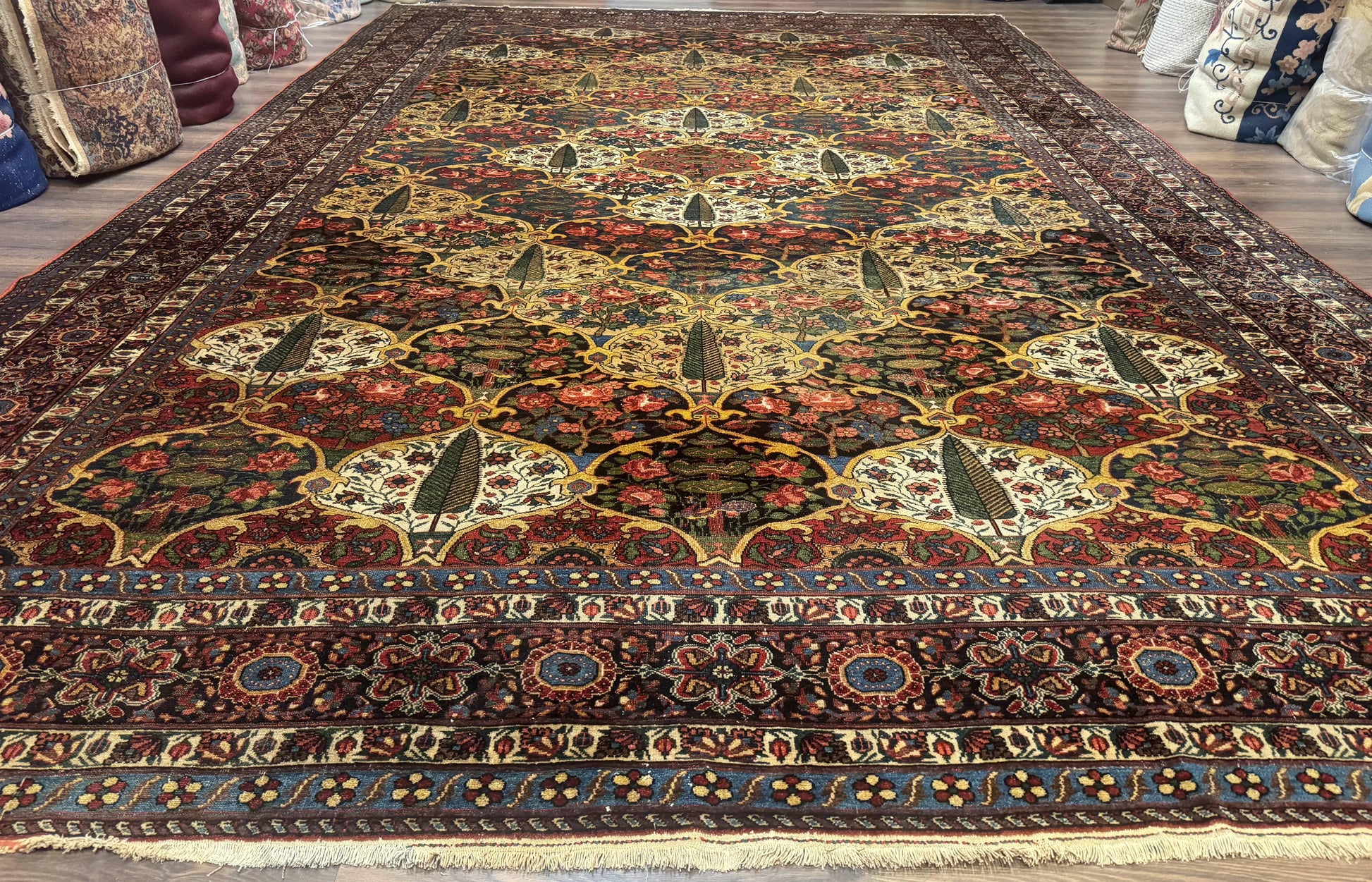 Antique Persian Bakhtiari Rug 12x19, Palace Size Wool Handmade Persian Carpet, Oversized Rug, Panel Design, Peacocks, Multicolor, Rare - Nuvé