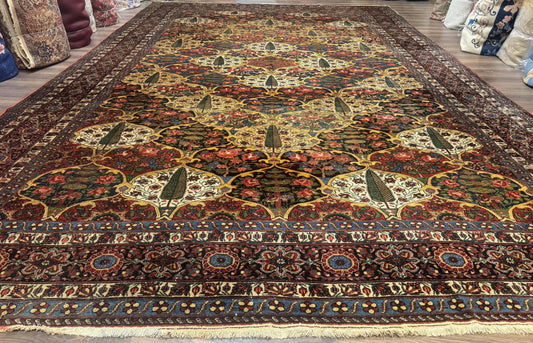 Antique Persian Bakhtiari Rug 12x19, Palace Size Wool Handmade Persian Carpet, Oversized Rug, Panel Design, Peacocks, Multicolor, Rare - Nuvé