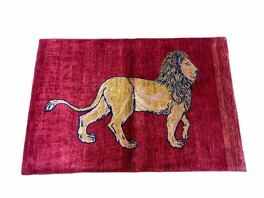 3 X 5 Handmade Hand-Knotted Rug Quality Wool Pictorial Lion Red Organic Dyes - Nuvé