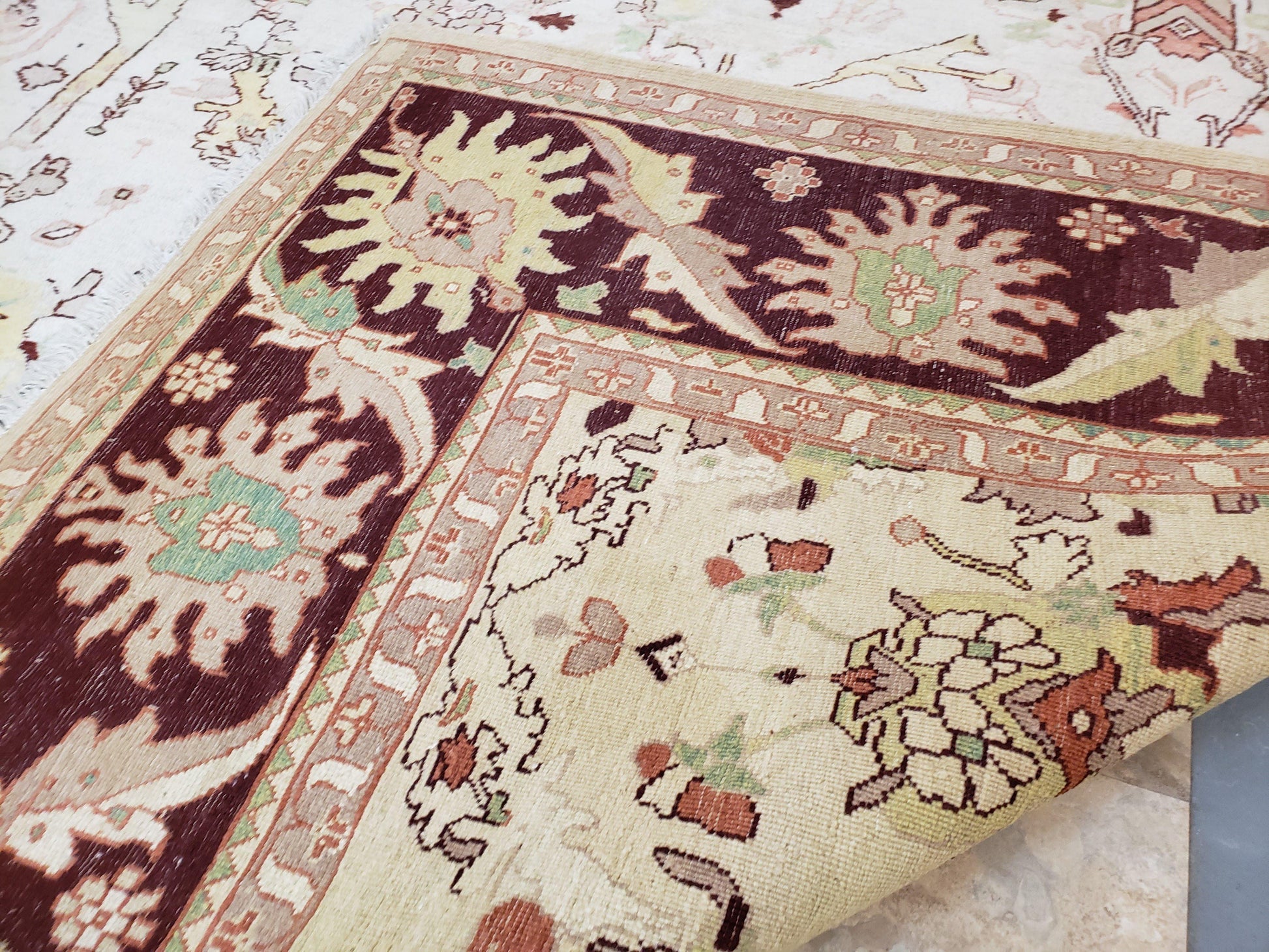 Beige and Maroon Peshawar Rug 10x15, Large Oushak Carpet, Pakistani Rug, Handmade Area Rug, Hand Knotted Rug, Living Room Rug, Nice Wool Rug - Nuvé