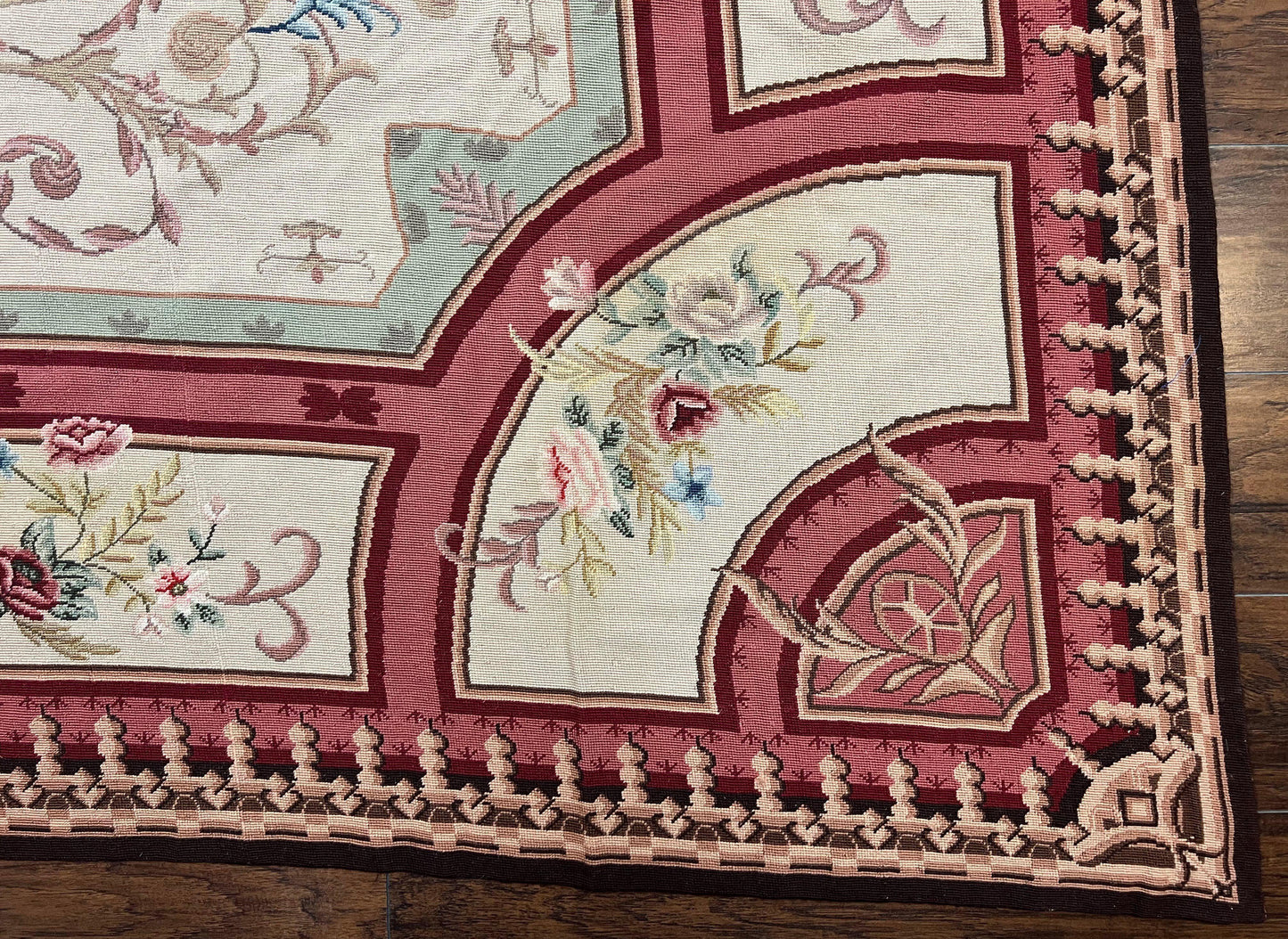 Needlepoint Rug 7.9 x 9, Beige Maroon Rose, Handmade Handwoven Flatweave Aubusson Savonnerie French European Elegant Carpet, Wool Rug - Nuvé