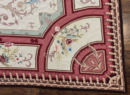 Needlepoint Rug 7.9 x 9, Beige Maroon Rose, Handmade Handwoven Flatweave Aubusson Savonnerie French European Elegant Carpet, Wool Rug - Nuvé