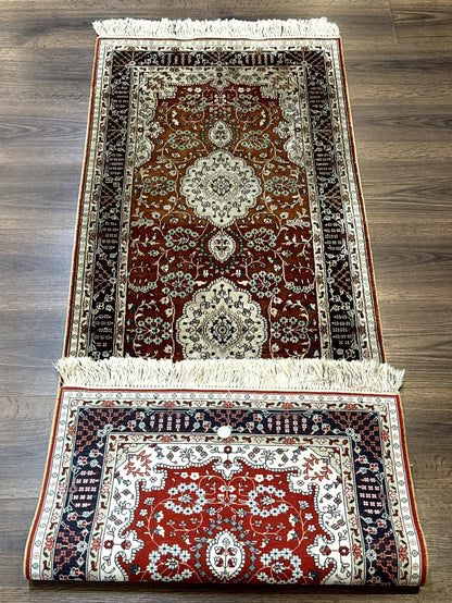 Turkish Silk Narrow Runner Rug 2 x 5.8, Very Fine 340 KPSI, Floral Medallions, Red - Nuvé
